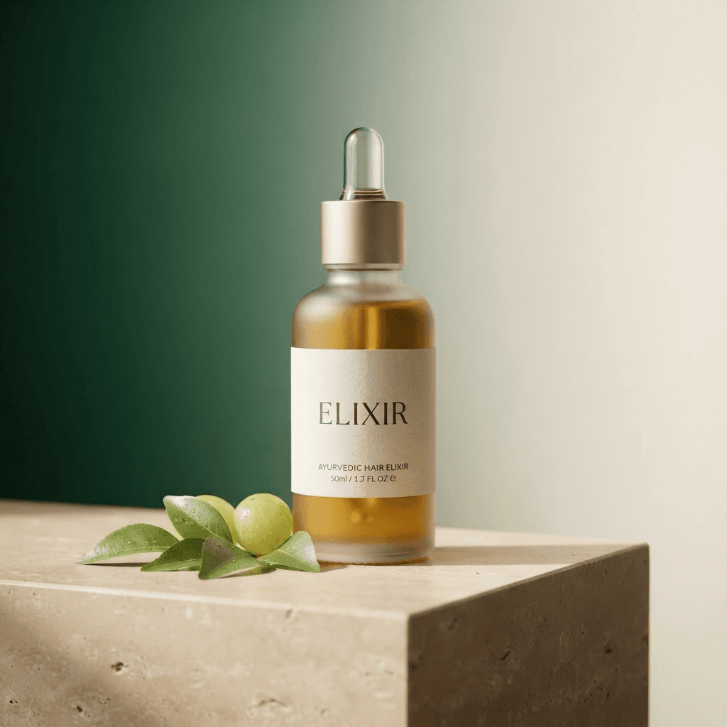 Elixir Ayurvedic hair oil bottle on a stone pedestal with fresh botanicals
